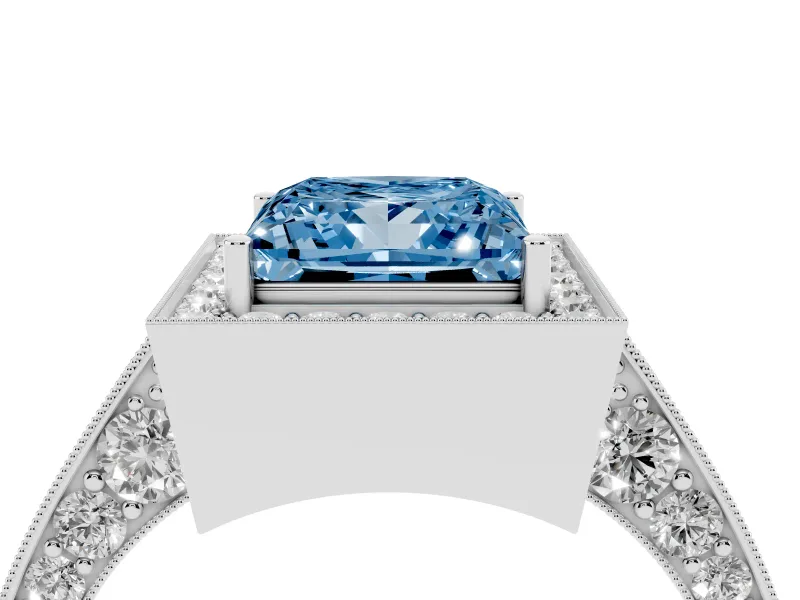 Princess Cut Milgrain Halo Engagement Ring Setting for a Fancy Blue Lab-Grown Diamond | Side Stones | Platinum