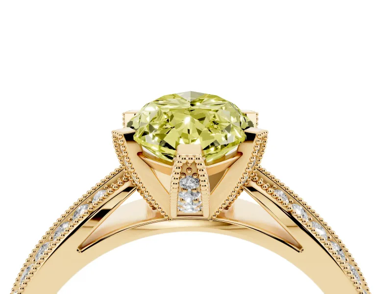 Fancy Yellow Marquise Cut Diamond Solitaire Ring Set in Yellow gold with Milgrain Double Row Round Pavé Band