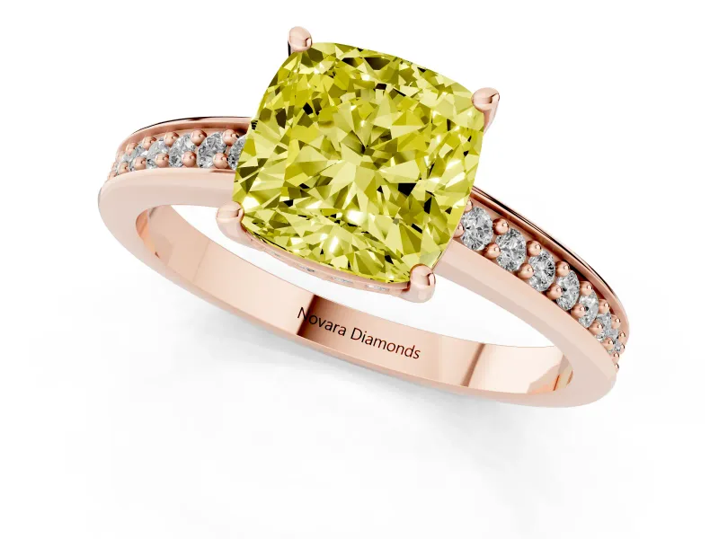 Cushion Cut Pave Solitaire Engagement Ring Setting for a Fancy Yellow Lab-Grown Diamond | Accented Basket | Rose Gold