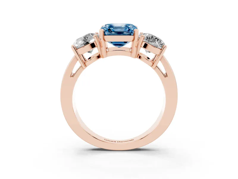 Asscher Cut Three Stone Engagement Ring Setting for a Fancy Blue Lab-Grown Diamond | Wide Plain Band | Rose Gold