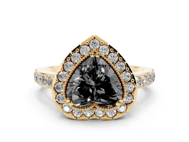 Fancy Black Heart Cut Diamond Halo Ring Set in Yellow gold with Pavé Shank and Prong Setting