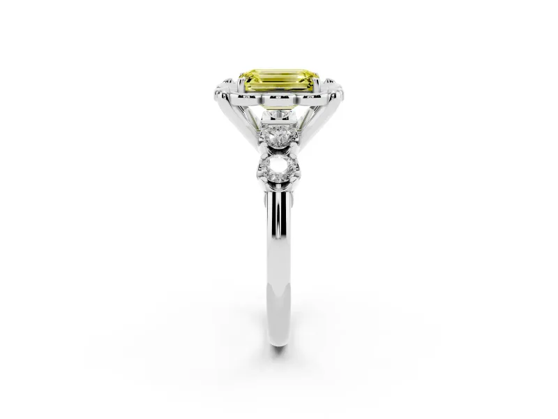 Emerald Cut Floral Engagement Ring Setting for a Fancy Yellow Lab-Grown Diamond | Petal Frame and Side Stones | Platinum