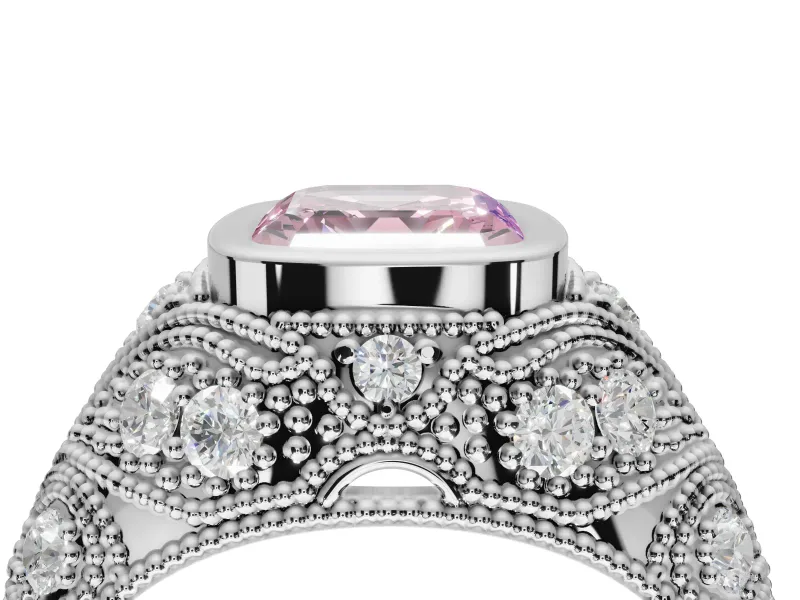 Asscher Cut Vintage Bezel Engagement Ring Setting for a Fancy Pink Lab-Grown Diamond | Milgrain Band | Sterling Silver