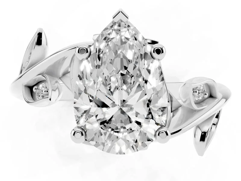Pear-Shaped Twisted Bypass Engagement Ring Setting | Accented Leaves | Platinum