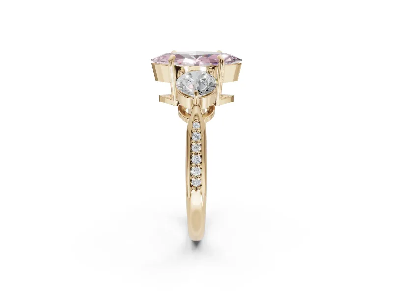 Marquise Three Stone Engagement Ring Setting for a Fancy Pink Lab-Grown Diamond | Tapered Pave Band | Yellow Gold