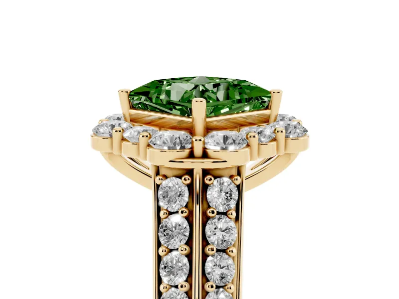 Fancy Green Princess Cut Diamond Halo Engagement Ring Set in Yellow gold with Split Shank and Prong Setting