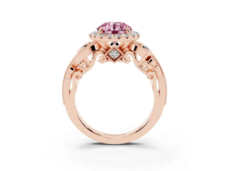 Fancy Pink Round Cut Diamond Halo Ring Set in Rose gold with Milgrain Pavé Band and Prong Setting