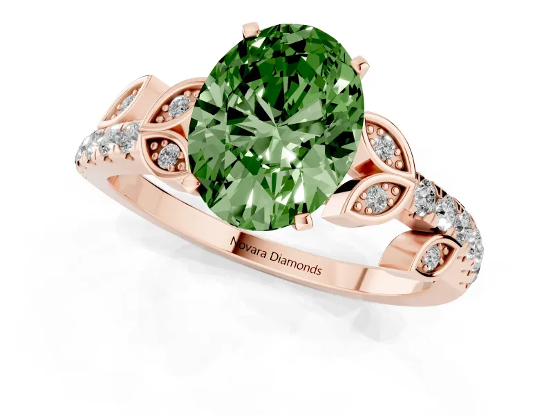 Fancy Green Oval Cut Diamond Solitaire Leaf-Inspired Ring Set in Rose gold with Pavé Band and Prong Setting