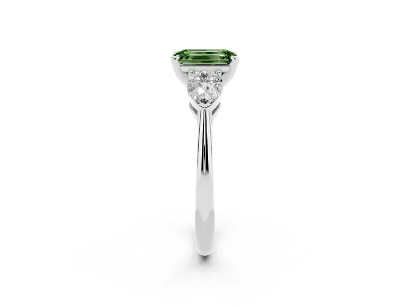 Fancy Green Three-Stone Emerald Cut Diamond Ring Set in White gold with Pear Side Stones and Prong Setting