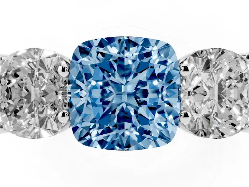 Cushion Cut Three Stone Engagement Ring Setting for a Fancy Blue Lab-Grown Diamond | Basket Prong Heads | Platinum
