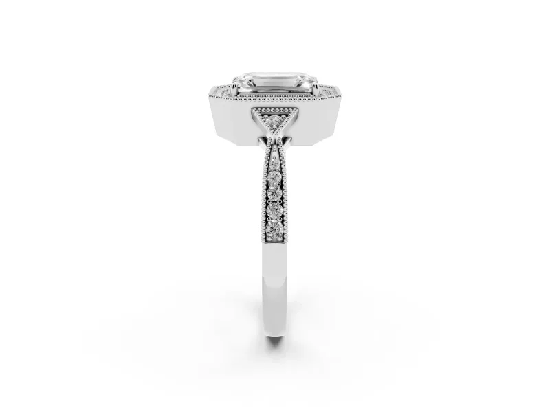 Emerald Cut Diamond Halo Engagement Ring Set in White gold with Milgrain Pavé Band