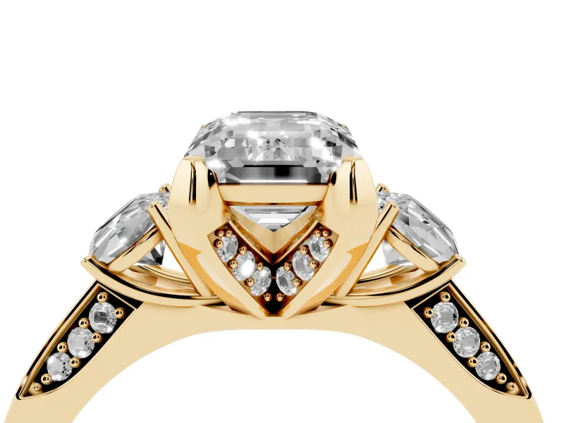 Emerald Cut Hidden Halo Three Stone Engagement Ring Setting for a Fancy Green Lab-Grown Diamond | Yellow Gold