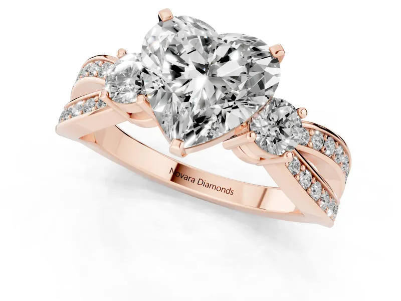 Heart-Shaped Three-Stone Pavé Twist Engagement Ring Setting | Split Shank | Rose Gold