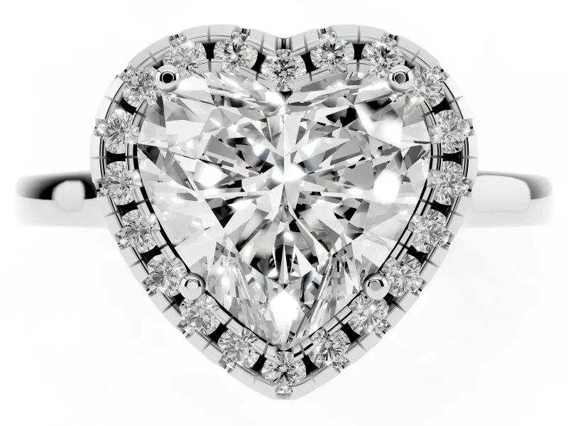 Heart Cut Halo Round Diamond Solitaire Ring Set in White gold with Pavé Band and Prong Setting