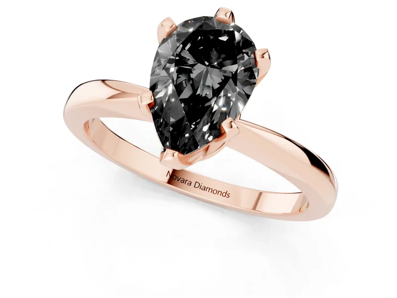 Fancy Black Pear Cut Diamond Solitaire Engagement Ring Set in Rose gold with Slim Tapered Solitaire Band