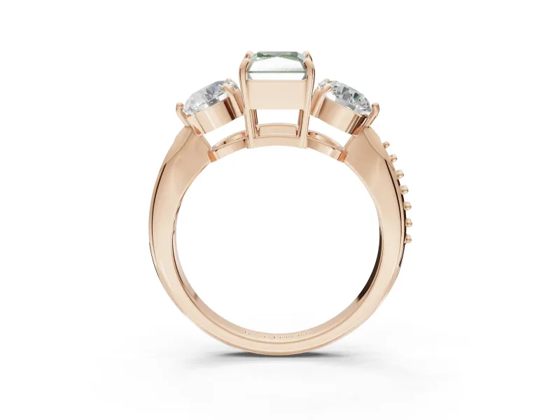 Radiant Cut Three Stone Engagement Ring Setting for a Fancy Green Lab-Grown Diamond | Tapered Pave Band | Rose Gold