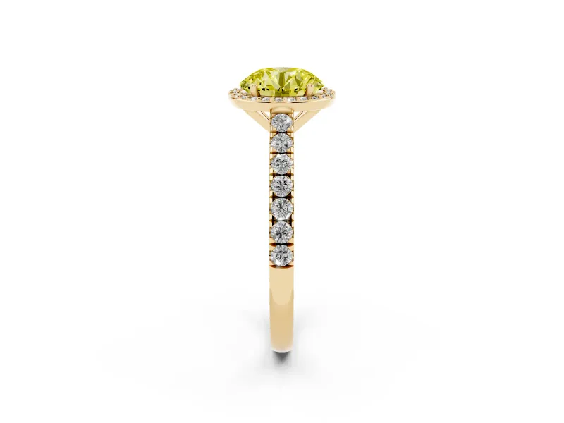 Fancy Yellow Round Cut Diamond Halo Engagement Ring Set in Yellow gold with Pavé Band and Prong Setting