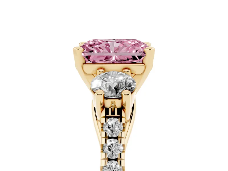 Radiant Cut Three-Stone Engagement Ring Setting for a Fancy Pink Lab-Grown Diamond | Yellow Gold