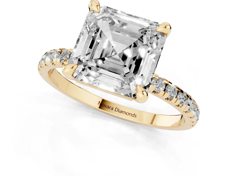Asscher Cut Diamond Brilliant Solitaire Ring Set in Yellow gold with Pavé Band and Prong Setting