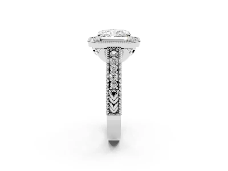 Radiant Cut Diamond Halo Ring Set in Silver with Round Accent Halo, Pavé Band and Prong Setting