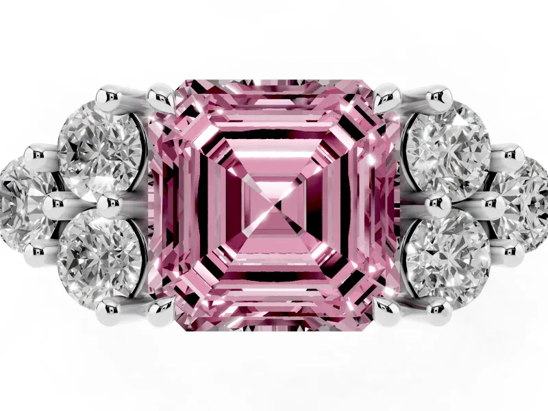 Fancy Pink Asscher Cut Diamond Solitaire Ring Set in White gold with Cluster Accents on Each Side