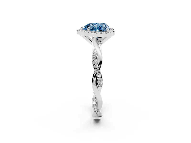 Fancy Blue Heart Cut Diamond Halo Twisted Band Ring Set in Silver with Prong Setting