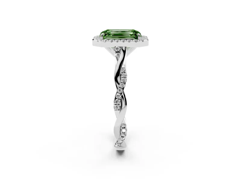 Emerald Cut Twist Halo Engagement Ring Setting for a Fancy Green Lab-Grown Diamond | White Gold