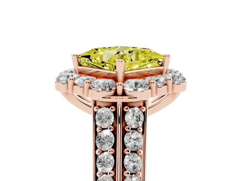 Fancy Yellow Princess Cut Diamond Halo Engagement Ring Set in Rose gold with Split Shank and Prong Setting