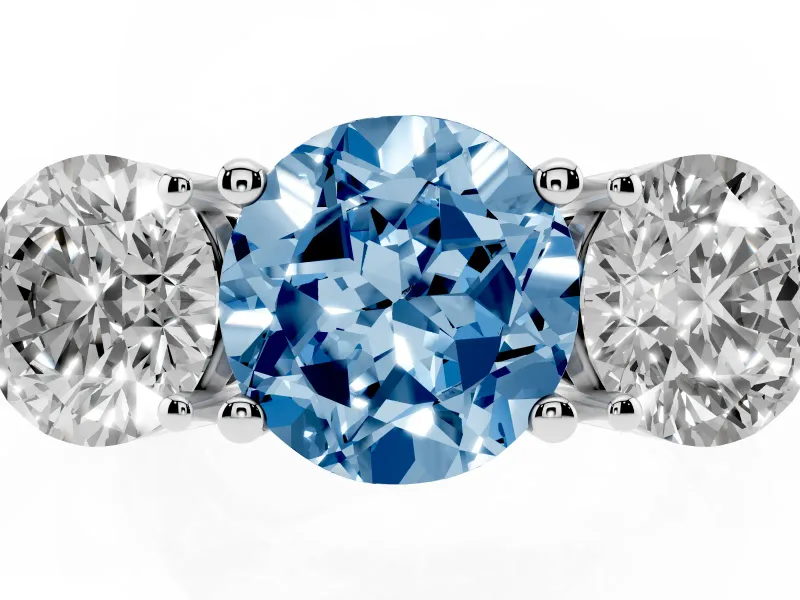 Round Three Stone Engagement Ring Setting for a Fancy Blue Lab-Grown Diamond | Large Round Side Stones | Platinum