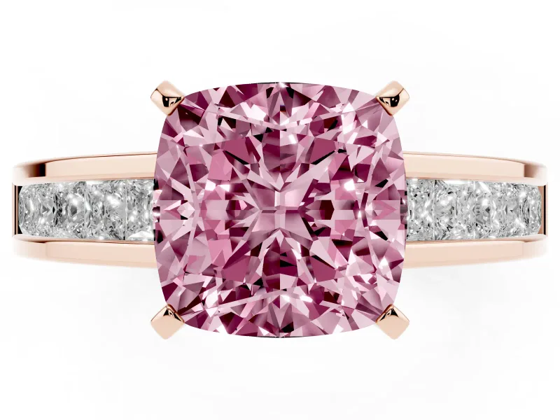 Fancy Pink Cushion Cut Diamond Solitaire Ring Set in Rose gold with Channel-Set Band and Prong Setting