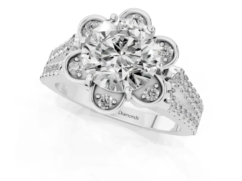 Round Petal Frame Floral Halo Engagement Ring Setting | Pavé Split Shank | Platinum