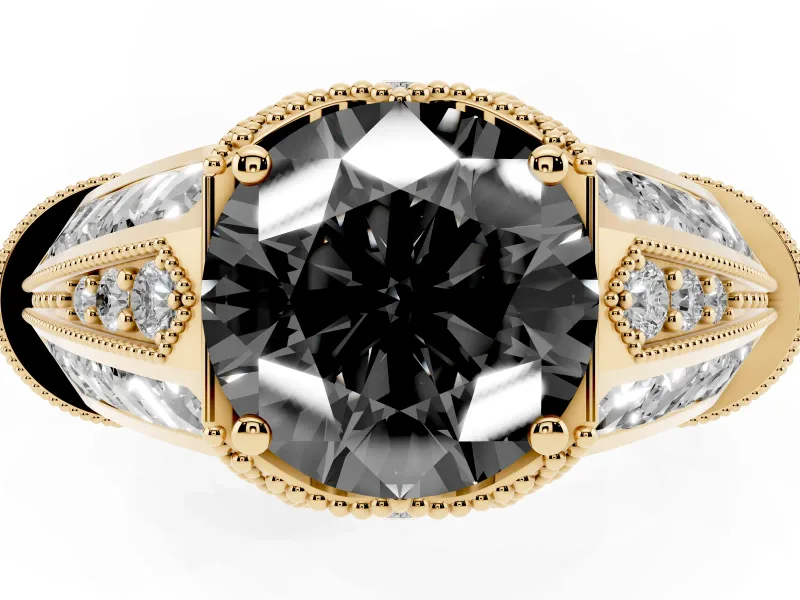 Round Vintage Milgrain Engagement Ring Setting for a Black Center | Hidden Halo | Yellow Gold