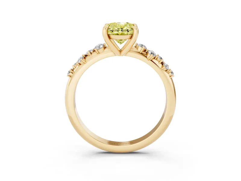 Fancy Yellow Oval Cut Diamond Solitaire Vine Band Ring Set in Yellow gold with Round Accents and Prong Setting