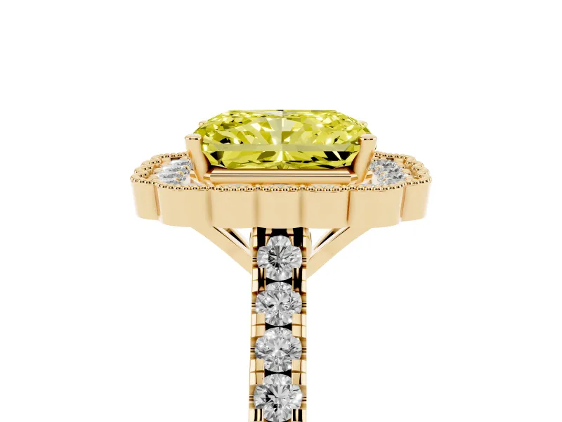 Radiant Cut Milgrain Floral Halo Engagement Ring Setting for a Fancy Yellow Lab-Grown Diamond | Pavé Band | Yellow Gold