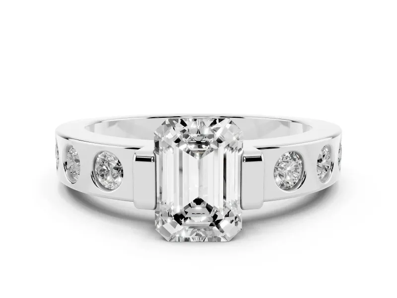 Emerald Cut Diamond Channel-Set Band Ring Set in Platinum with Bezel Prong Setting
