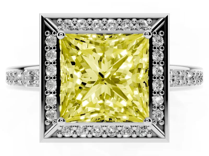 Fancy Yellow Princess Cut Diamond Halo Pavé Split Shank Ring Set in Platinum with Prong Setting