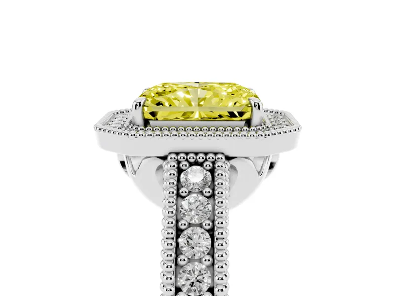 Radiant Cut Milgrain Halo Engagement Ring Setting for a Fancy Yellow Lab-Grown Diamond | Carved Leaf Detail | White Gold