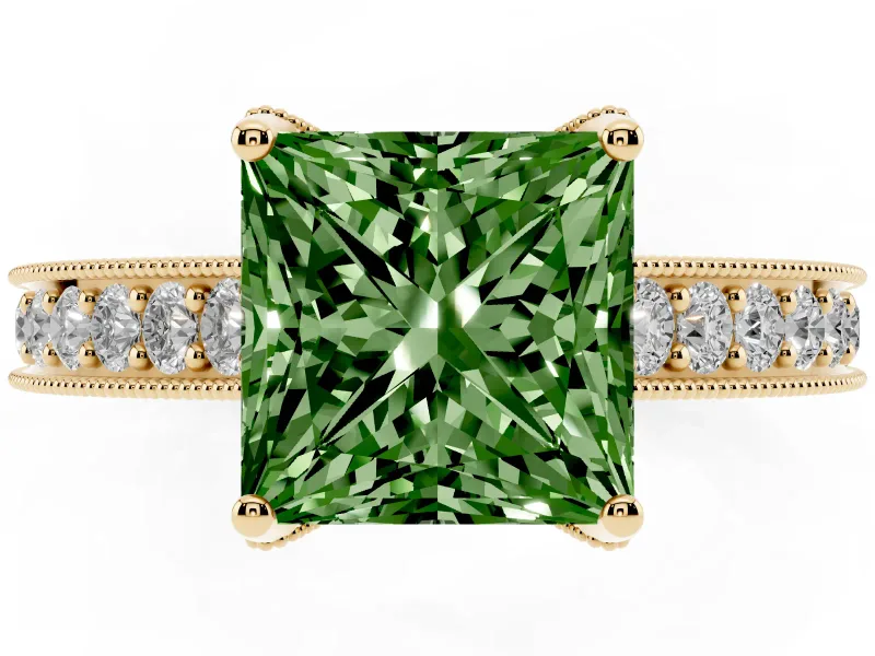 Princess Cut Hidden Halo Engagement Ring Setting for a Fancy Green Lab-Grown Diamond | Milgrain Pave | Yellow Gold