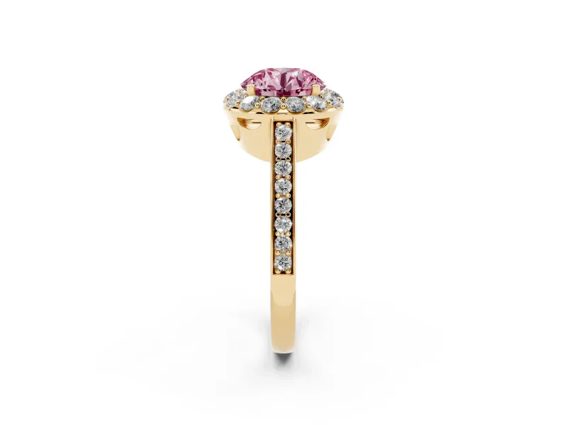 Fancy Pink Round Cut Diamond Floral Halo Ring Set in Yellow gold with Pavé Band and Prong Setting