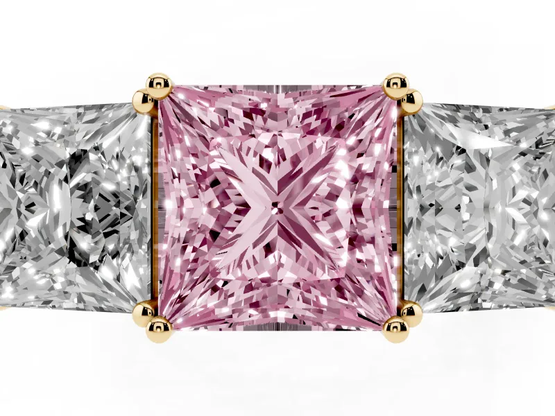 Princess Cut Three Stone Engagement Ring Setting for a Fancy Pink Lab-Grown Diamond | Beaded Shoulders | Yellow Gold