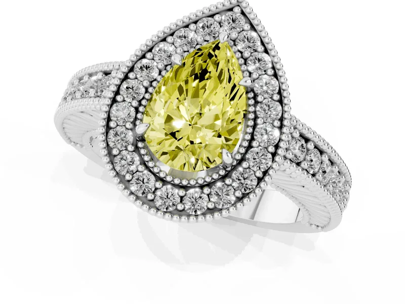 Fancy Yellow Pear Cut Diamond Halo Ring Set in White gold with Round Accent Halo, Pavé Band and Prong Setting