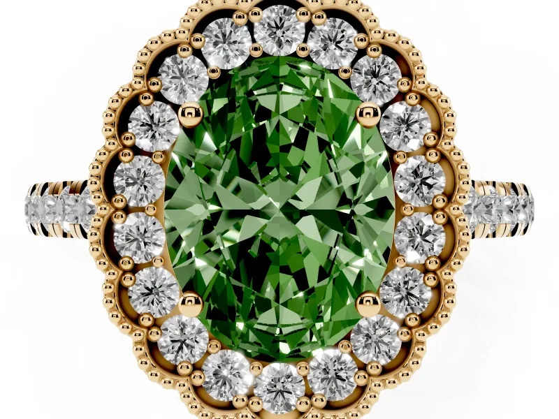 Oval Vintage Milgrain Floral Halo Engagement Ring Setting for a Fancy Green Lab-Grown Diamond | Pavé Band | Yellow Gold