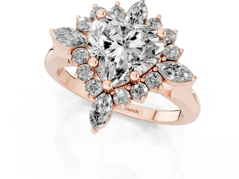 Heart Cut Diamond Cluster Halo Ring Set in Rose gold with Marquise and Round Accents