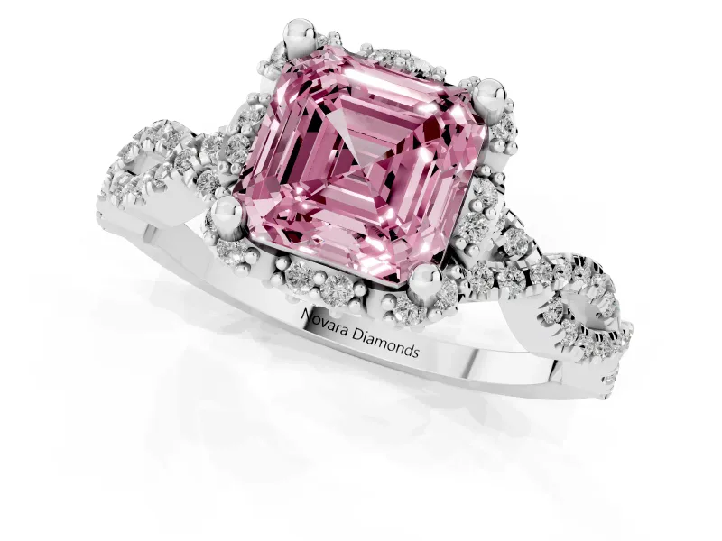 Fancy Pink Asscher Cut Diamond Halo Twist Band Solitaire Ring Set in Silver with Prong-Set Center Stone