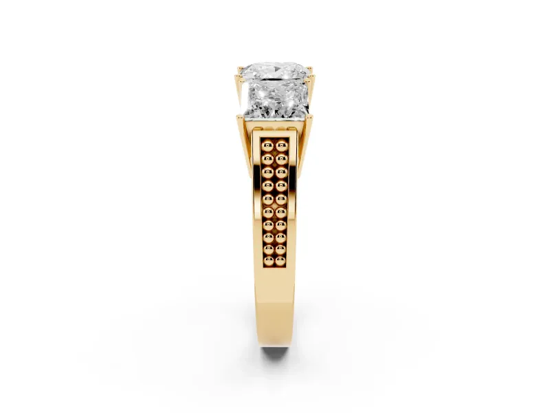 Princess Cut Three Stone Engagement Ring Setting | Beaded Shoulders | Yellow Gold