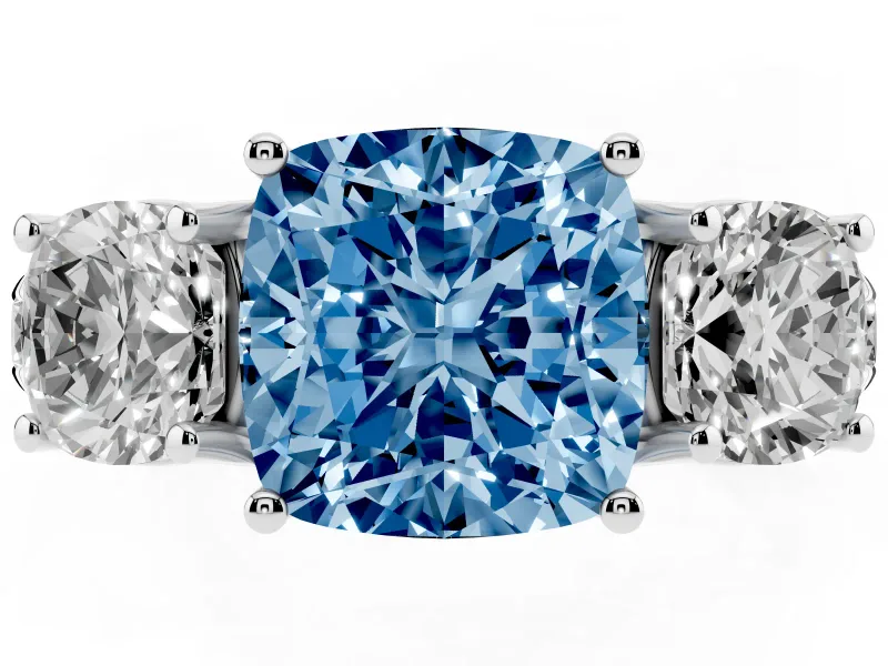 Fancy Blue Cushion Cut Diamond Three-Stone Ring Set in Silver with Pavé Band