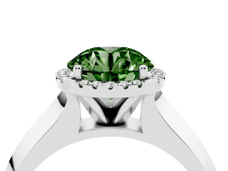 Fancy Green Round Cut Diamond Halo Ring Set in White gold with Cathedral Band and Prong Setting