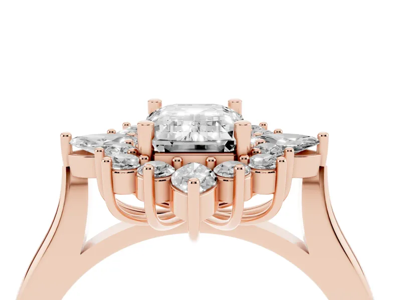Emerald Cut Cluster Halo Engagement Ring Setting | Rose Gold
