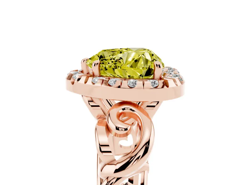 Fancy Yellow Heart Cut Diamond Halo Ring Set in Rose gold with Scrollwork Band and Prong Setting
