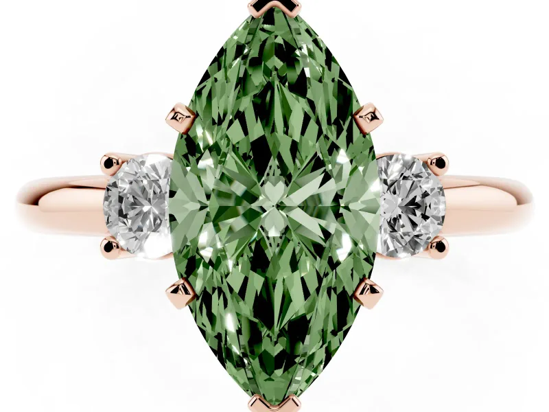 Marquise Three Stone Engagement Ring Setting for a Fancy Green Lab-Grown Diamond | Round Side Stones | Rose Gold